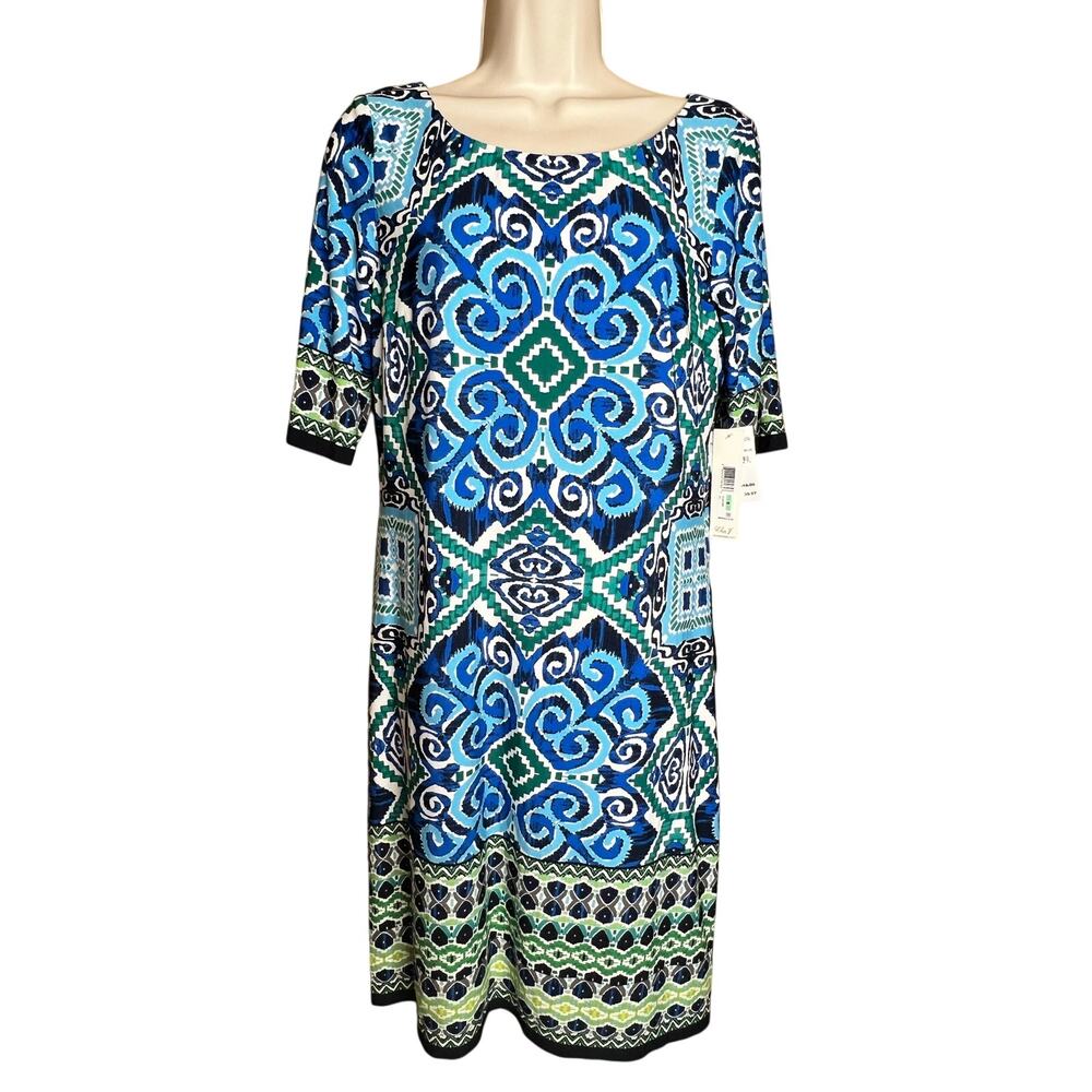 Eliza J Blue and Green Geometric Sheath Dress 8 NWT